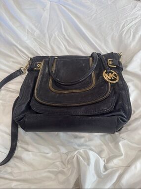 Michael Kors Black Leather Shoulder Bag with Gold MK Charm